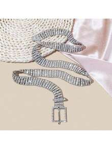 1pc Women Silver Gorgeous Rhinestone Decor Square Buckle Belt For Party Harness Halloween Summer, School Fall, Autumn, Halloween