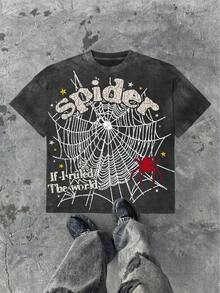 Spider With Web And Slogan,(100% Cotton 220g T-Shirt) New Y2K Special Custom Classic Men's Crew Neck Short Sleeve Street Style Unisex T-Shirt, Suitable For Vacations And Travel. - 黑色 - 查看 1
