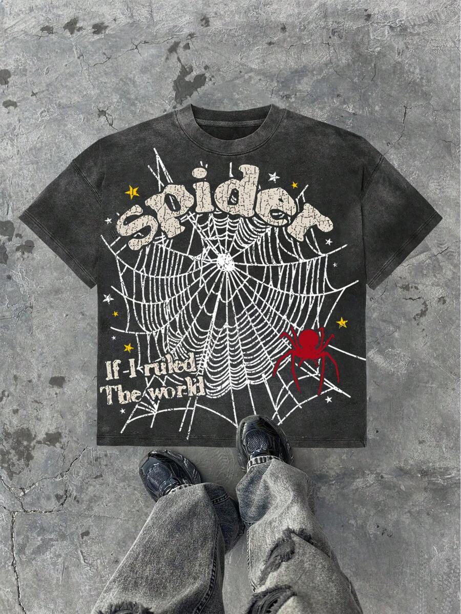 Spider With Web And Slogan,(100% Cotton 220g T-Shirt) New Y2K Special Custom Classic Men's Crew Neck Short Sleeve Street Style Unisex T-Shirt, Suitable For Vacations And Travel. - 黑色 - 查看 1