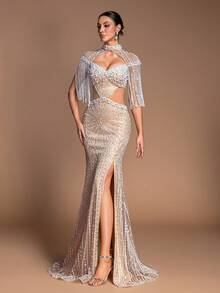 Elegant Long Party Dress With Embellished Pearls, Women's Sleeveless Tassel Hollow Strapless Choker Neck Mermaid Gown, Formal Evening Dress For Red Carpet, Gala, Wedding, Bridesmaid - 香檳色 - 查看 6