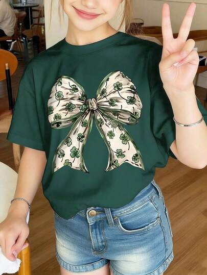 1 Piece St. Patrick's Bow Teen T-Shirt For Teen Girl, Clover Graphic Top, Spring & Summer Casual Outdoor Wear