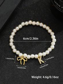 1 pieza Brazalete de perlas ABS elegante y de moda con decoraciones de lazo y colgante con letra, accesorio de joyería para niños, decoración para fiesta de cumpleaños - Blanco - Ver 5