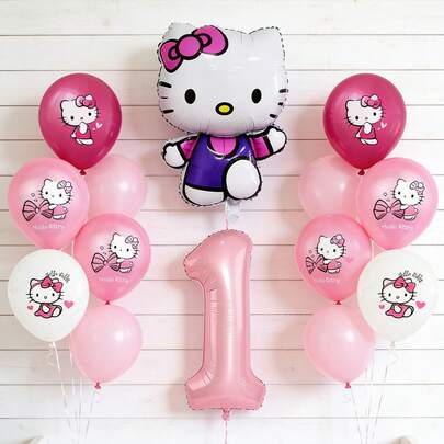 20pcs Hello Kitty Pink Party Balloon Set, Mixed Latex And Foil Balloons, Cute Cartoon Decor, Suitable For Home Birthday, Carnival And Back To School Ceremony