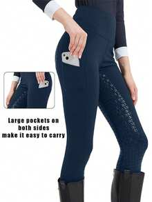 Women's High Waist Elastic Riding Pants, Full Silicone Tight-Fitting Stretch Slim, Silicone Grip, Elastic Polyester Fiber, With Side Pockets, Suitable For Spring/Summer Riding - Navy Blue - View 2