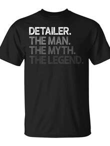 Camiseta Casual de Hombre% Algodón - ;Detailer Man Myth; Impresión Desgastada. Cuello redondo de ajuste regular. Camiseta cómoda para todas las estaciones, lavable aáquina. Ropa de fácil cuidado - Negro - Ver 7
