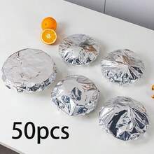 50pcs Aluminum Foil Elastic Food Covers | Fridge Freshness Lids, Fit Bowls, Plates, Dishes - Keep Food Warm & Fresh, Ideal For Christmas Leftovers - Multicolor - View 10