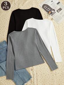 3pcs Slim Fit Sexy Lace V-Neck Ruffle Trim Women Long Sleeve Base Layer Tops - Multicolor - View 2