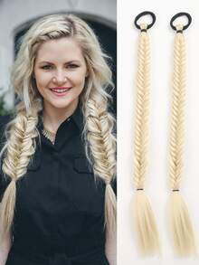 2pcs 18-Inch Handmade Fish Bone Braided Ponytail Hair Extensions With Elastic Band, Suitable For Women - Multicolor - View 19