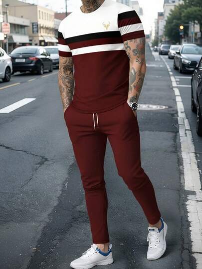 Men's Fashionable Printed Crew Neck Short Sleeve T-Shirt And Pants Set