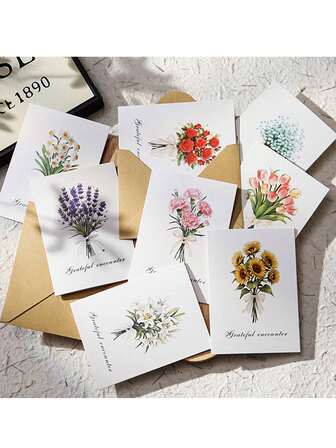 8-Piece Set, New Bouquet Greeting Card And Envelope Set, Including 8 Envelopes + 8 Greeting Cards (With 8 Sealing Stickers). Perfect For Expressing Gratitude To Mothers, Valentine's Day, Christmas, Birthdays, Folded Message Cards, Personalized Thank-You Cards, And Party Cards.