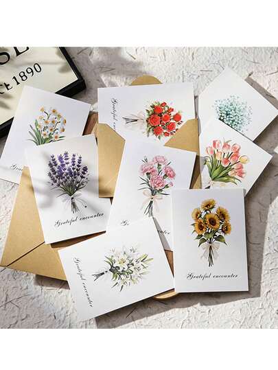 Set di 8 biglietti d'auguri floreali e buste, include 8 buste, 8 biglietti (con 8 adesivi di chiusura). Adatto per esprimere gratitudine alle madri, nonché per San Valentino, Natale, compleanni, biglietti di auguri piegati, biglietti di ringraziamento personalizzati e inviti per feste.