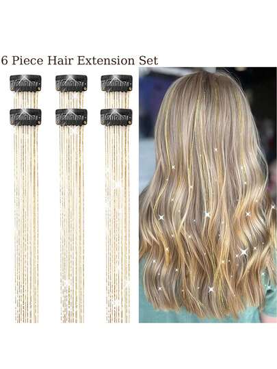Shiny Hair Clips, Women's Fashion Gold Foil Tassel Hair Clips, Ribbon, Straight Hair Extensions, Suitable For Daily Wear, Balls, Parties, Hair Accessories