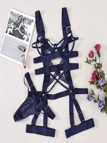 Christmas Gift Sexy Lingerie Strap Splicing Sexy Lingerie Set - Xanh Sapphire Sâu - Xem 2