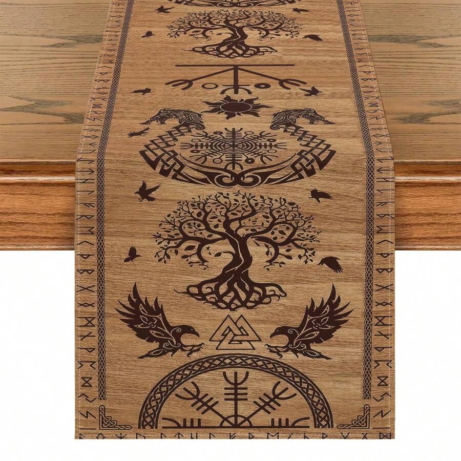 维京生命之树与渡鸦头盔桌旗 - 北欧神话设计，饰有十字架、箭矢和五角星图案，涤纶长方形桌布装饰，适合季节性厨房和家庭聚会装饰 - 彩色 - 查看 1