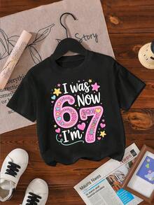 Girls' Festive "I Was 6 Now I'm 7" Birthday Graphic T-Shirt - Playful Pastel Party Style With Decorative Number 67 Design, Round Neck Casual Summer Top For Birthday Parties & Daily Outfits - Comfortable Soft Fabric For Girls' Celebratory Casual Attire - 黑色 - 查看 3