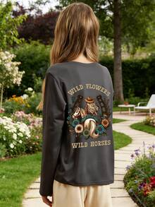 1pc Tween Girl Casual Printed Long Sleeve T-Shirt, Comfortable And Fashionable Layering Piece For Young Students, Spring/Autumn/Winter - Dark Grey - View 2
