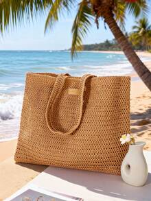 Burberry Y2K Stylish Brown Straw Bag, Goddess-Like Raffia Tote Bag, New Large-Capacity Cosmetic Bag. - Caramel Color - View 1