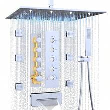 Sistema de ducha de lluvia de 12 pulgadas de con cascada arriba/abajo, 6 rociadores de cintura, válvula termostática de 5 vías, grifos de ducha de baño - Cromo - Ver 5