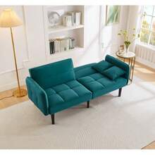Adjustable 2-In-1 Sofa Bed – Two-Seater With Velvet Upholstery, Folding Armrests And A Sleeping Function, Ideal For Small Spaces - Teal Blue - View 8