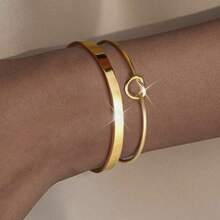 Set Of 2 Luxury Women's Bracelets: Plain Metal Bracelet + Heart-Shaped Knot Bracelet - 金色 - 查看 5