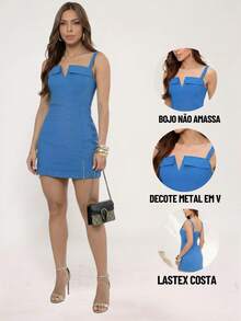 TETE FASHION WOMEN'S SHORT JUMPSUIT WITH V-NECK, ELEGANT TAILORED - Algarve Blue - View 4