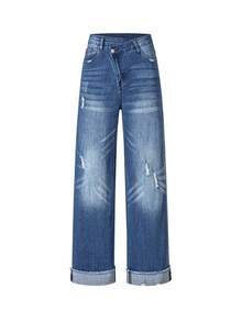 Jeans slim décontractés ARWY, délavés, avec taille croisée, effet effiloché et pattes d'éléphant. Élégant et pour le quotidien, les vacances, la scène, les concerts, Halloween, la rentrée, toutes les saisons, printemps - Jean brut - Voir 5