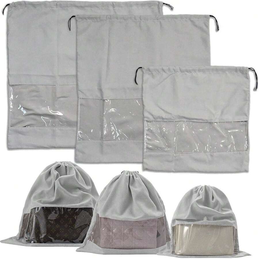 1pc Velvet Drawstring Pouch Bag Set, Dust Cover Bag With Transparent Window For Wallet, Shoes, Handbag Storage And Travel