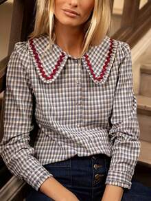 Camisa de primavera con botones, dobladillo plisado y ribete de contraste con estampado a cuadros - Caqui - Ver 5