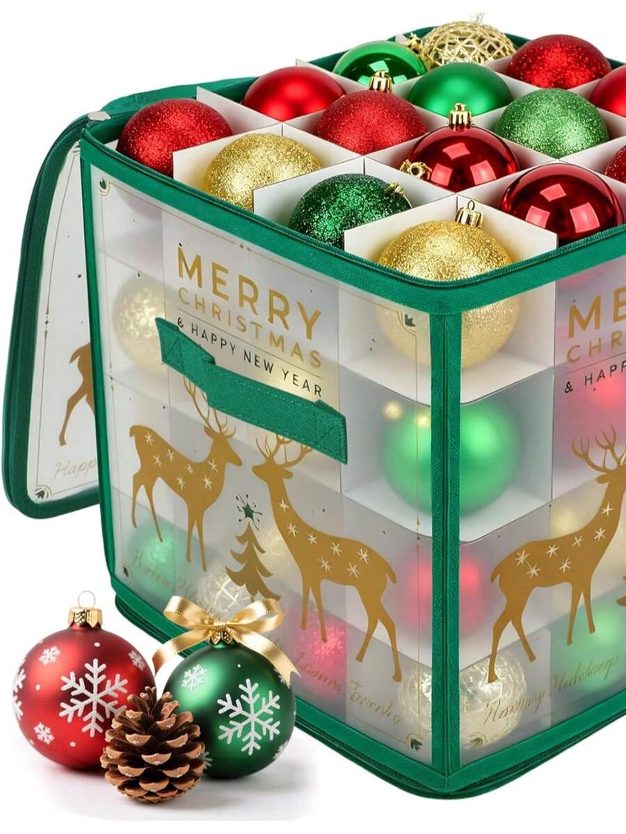1pc Holiday Decoration Storage Box With 2 Sturdy Handles, Holds 64 Christmas Balls, Cute Deer Pattern, Suitable For Christmas And New Year, Green - Green Deer - View 1