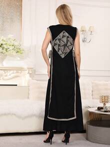2026 New Style Ramadan Traditional Elegant Sleeveless V-Neck Dress With Embroidery, Silver Sequins, Tassels And Tie For Arabian Women - Black - View 10