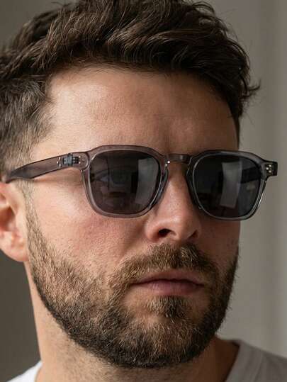 1 Cặp kính thời trang nam gọng vuông trong suốt màu xám PC, kiểu dáng tối giản, màu trơn, đính đinh tán.