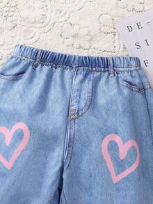 女童休闲裤，可爱爱心印花数码牛仔布面料，适合日常外出穿着 - 藍色 - 查看 5