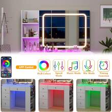 CollaredEagle Vanity Desk With Mirror And Lights,Transparent Top Vanitys With 2 RGB Drawers, A Variety Of Lighting Modes Brightness Adjustable,Power Outlet, Side-Mounted Large-Capacity Storage, White - Xem 5