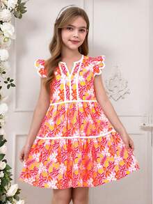 女童碎花V领短袖撞色滚边连衣裙 - 彩色 - 查看 3