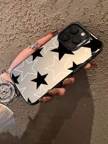 1pc Minimalist Black Star & White Stripe Mirror Printed 2D Pattern Fashionable Phone Case, Classic Versatile Creative Style, Suitable As Birthday, Holiday, Christmas Gift For Friends, Family, Couples, Matte Black Full Body Protection Anti-Dust Waterproof Compatible With IPhone 17/16/15/14/13/12/11/Pro/ProMax/PLUS And S/A Series - Black - View 1