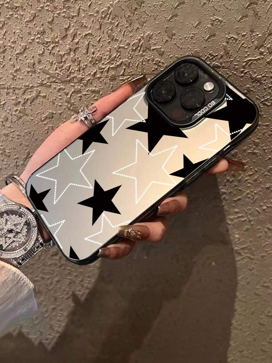 1pc Minimalist Black Star & White Stripe Mirror Printed 2D Pattern Fashionable Phone Case, Classic Versatile Creative Style, Suitable As Birthday, Holiday, Christmas Gift For Friends, Family, Couples, Matte Black Full Body Protection Anti-Dust Waterproof Compatible With IPhone 17/16/15/14/13/12/11/Pro/ProMax/PLUS And S/A Series - Black - View 1