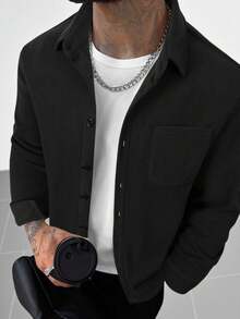 Men's Polar Fleece Shirts Coats, Old Money Style Thick Material Button Up Long Sleeve Shack,Loose Fit Unisex Black Shirts,Suitable For Couples & Evening Out, Perfect Boyfriend,Husband,Son's Gift - Black - View 1