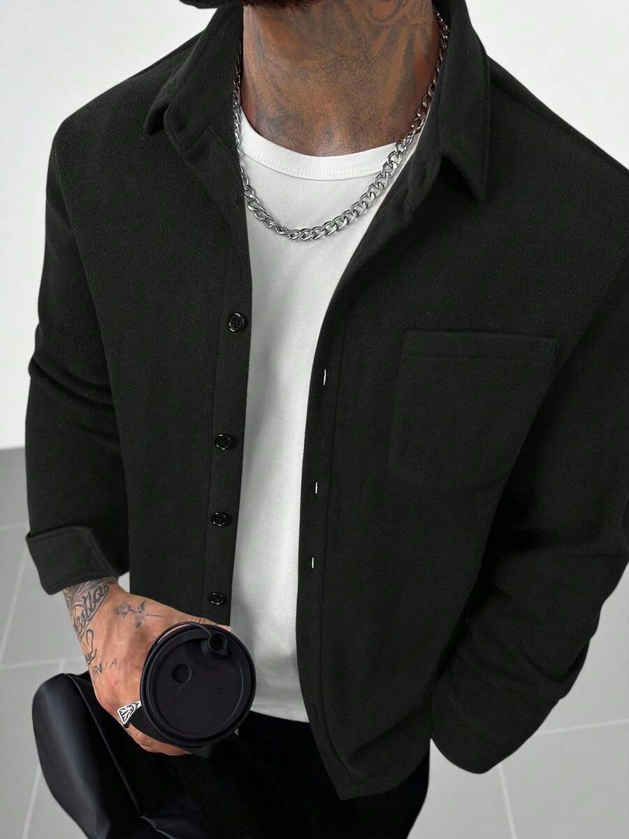 Men's Polar Fleece Shirts Coats, Old Money Style Thick Material Button Up Long Sleeve Shack,Loose Fit Unisex Black Shirts,Suitable For Couples & Evening Out, Perfect Boyfriend,Husband,Son's Gift - Black - View 1