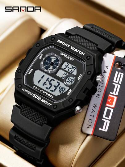 SANDA Reloj electrónico de moda para hombre, reloj deportivo multifuncional resistente al agua con LED luminoso y pantalla única cuadrada pequeña