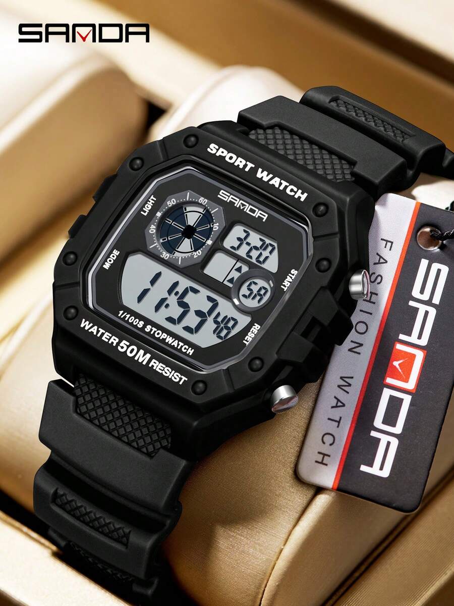 SANDA 2202 时尚男士电子手表 运动多功能防水 LED 发光单屏小方电子手表 - 黑與白 - 查看 1