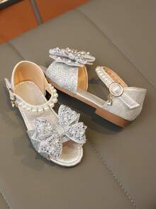 A Pair Of Girls' Cute Flat Shoes With Colorful Crystal Faux Pearls, Bow Ties, And Gretel Material, Suitable For Summer.,Kids Shoes,Girls Shoes - Silver - View 5