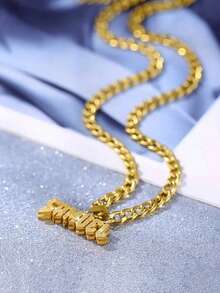 1pc Customized Name Double Layer Cuban Chain Necklace - Detachable 304 Stainless Steel Gold-Tone Hip Hop 3D Rhinestone Pendant, Personalized Gift (Father's Day, Graduation, Mother's Day), Couple Accessory, Party Essential, Exquisite Craftsmanship, Fashionable & Durable, Graduation Souvenir, Thanksgiving Gift, Christmas Gift - Multicolor - View 4