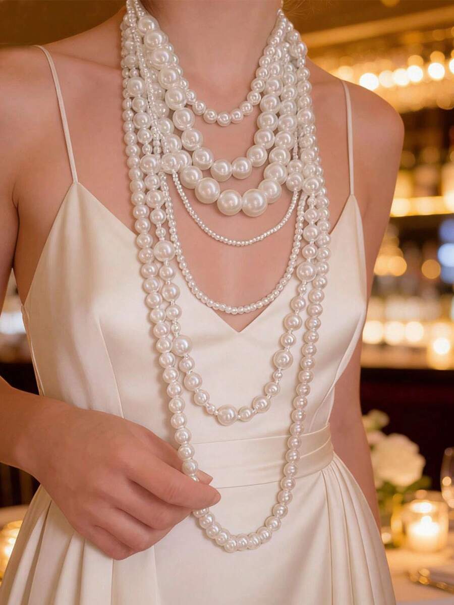 1pc Multi-Layer ABS Pearl Necklace, White Jewelry, Luxury Gift For Women, Suitable For Party, Wedding, Prom, School - White 7-layer Long Pearl Necklace - View 1