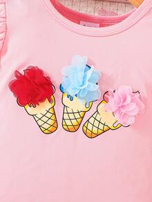2pcs Baby Girl Cartoon Ice Cream Print Sleeveless Top And Matching Allover Print Shorts Set, Spring/Summer - Pink - View 5
