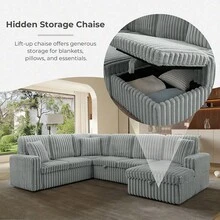 YOGLAD Corduroy Striped Upholstered U-Shaped Sectional Sofa Couch, Modern Minimalist Pull-Out Sleeper Sofa Bed With Storage Chaise, Deep Seat Soft Cushion Couch For Living Room, Apartment - 灰色 - 查看 5