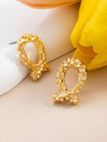 1 Pair Minimalist Versatile Silver Hollow Geometric Earrings, Lightweight Luxury Design Earrings For Women - Gold - View 4