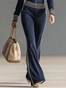 女士针织连体裤，带帽拉链设计，修身剪裁，条纹图案，弹力面料，休闲/运动风，优雅通勤两相宜，喇叭裤腿，模特走秀款，侧边条纹撞色拉链 - 藏蓝色 - 查看 3