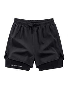Solid Color Sports Shorts For Spring/Summer, Non-SlipDouble Layer Unisex Running/Outdoor Fitness Shorts,Lightweight Loose Casual Pants Black - Black - View 3