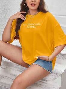 Blusa T Shirt Estampada All Roads Lead To Rome Letras Minimalista Despojada Camiseta Oversized - Amarelo mostarda - Visão 5