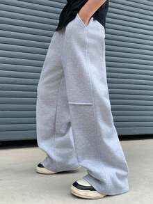 男士纯色抽绳松紧腰休闲宽松运动裤，宽松平角裤，户外简约拼接裤，适合学生和男士 - 淺灰色 - 查看 4